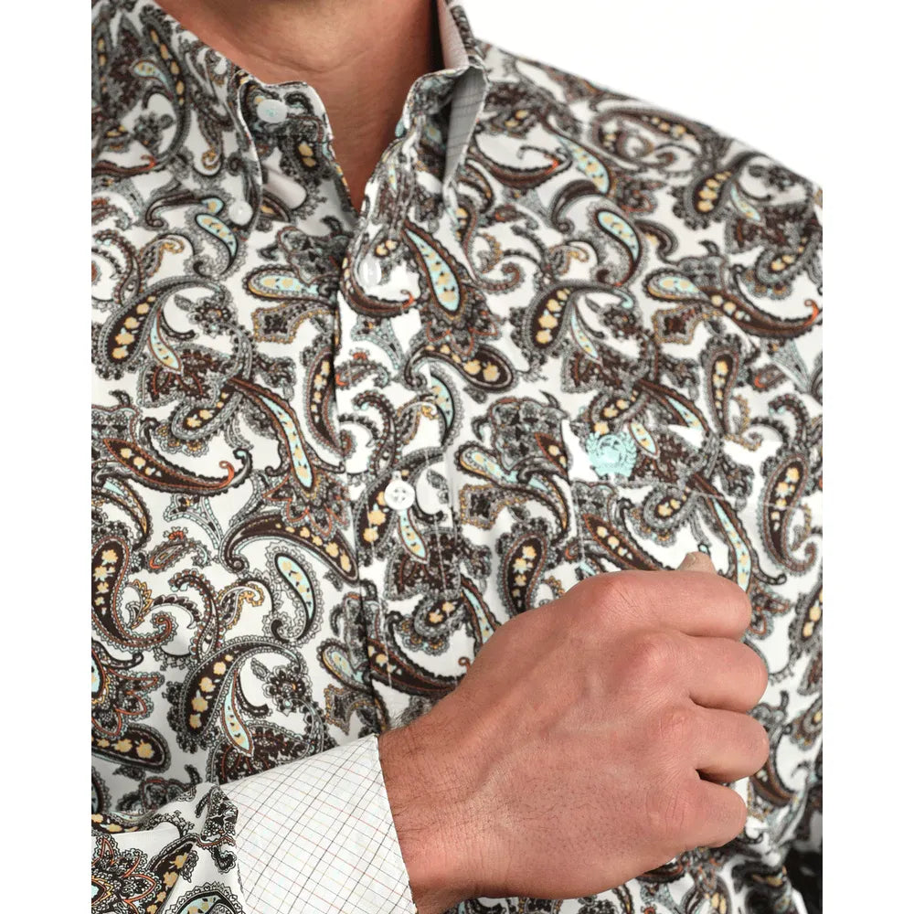 Men's Cinch Paisley Print Button-Down Western Shirt-White