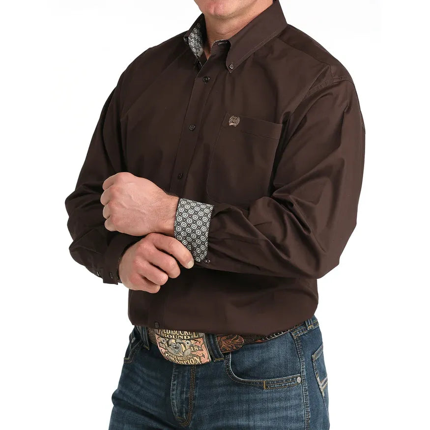 Men's Cinch Solid Button-Down Western Shirt-Brown