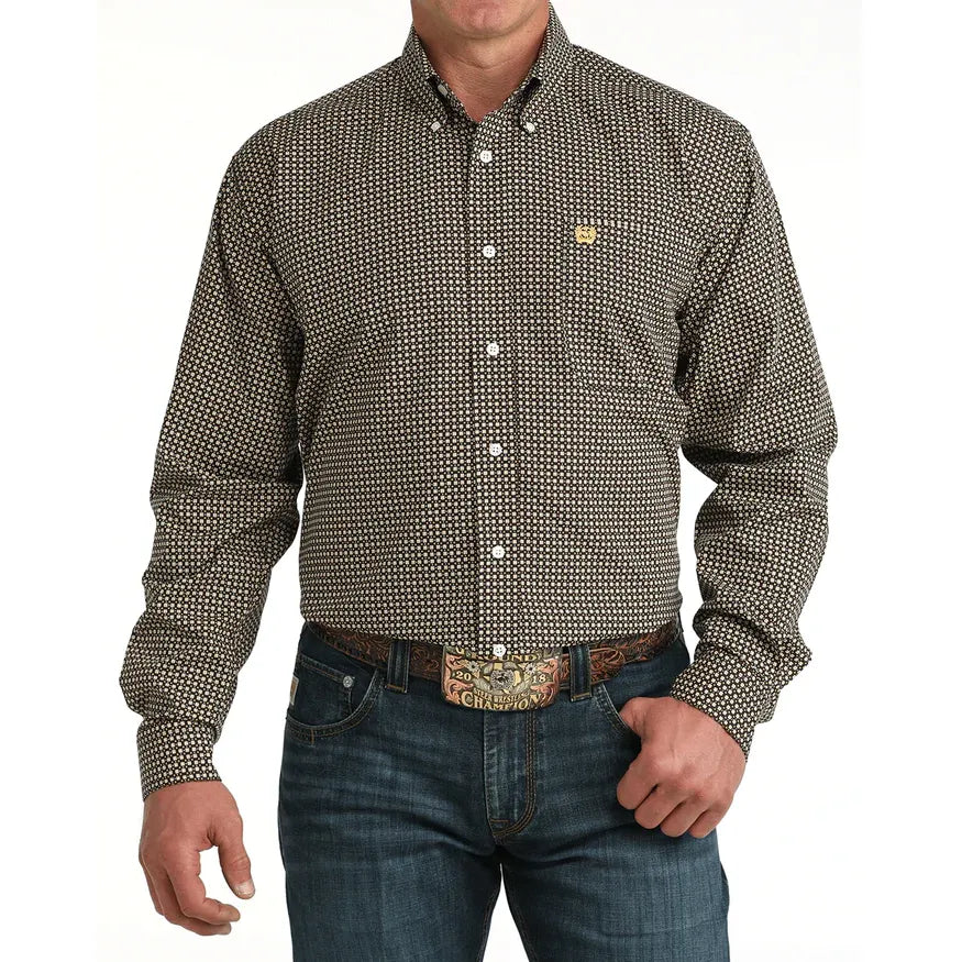 Men's Cinch Print Button-Down Western Shirt-Brown - CWesternwear