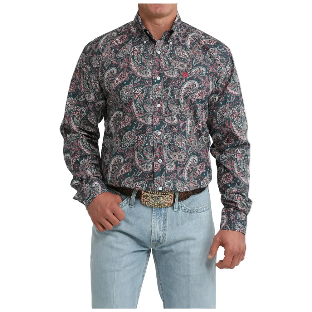 Men's Cinch Paisley Print Button-Down Western Shirt-Teal