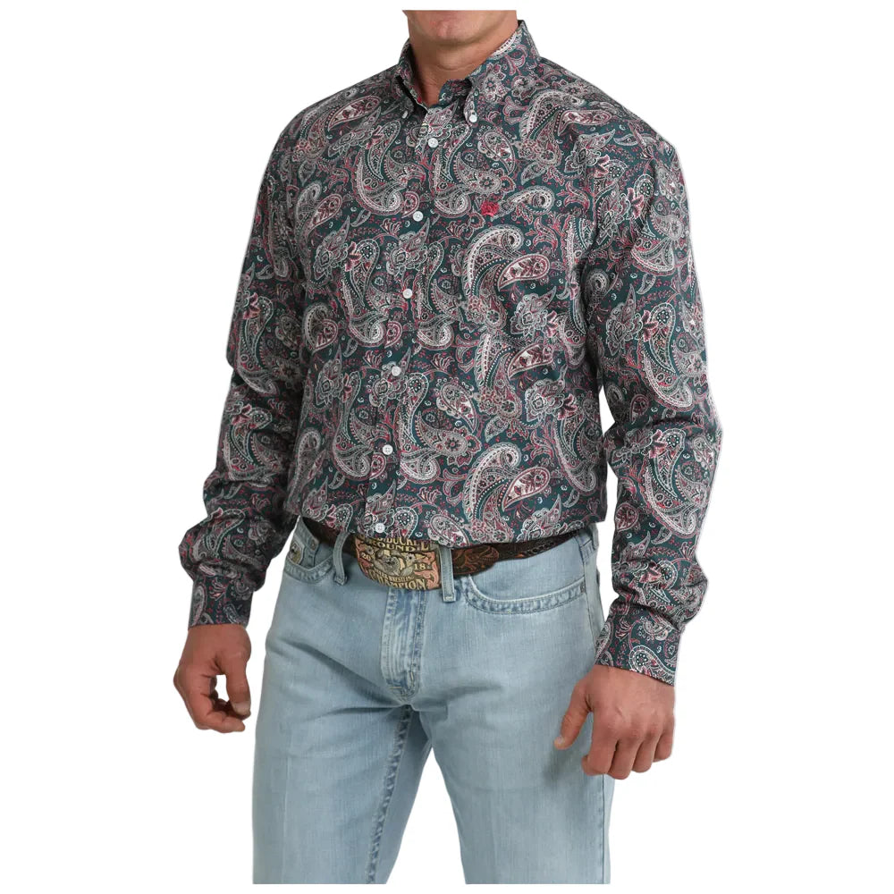 Men's Cinch Paisley Print Button-Down Western Shirt-Teal