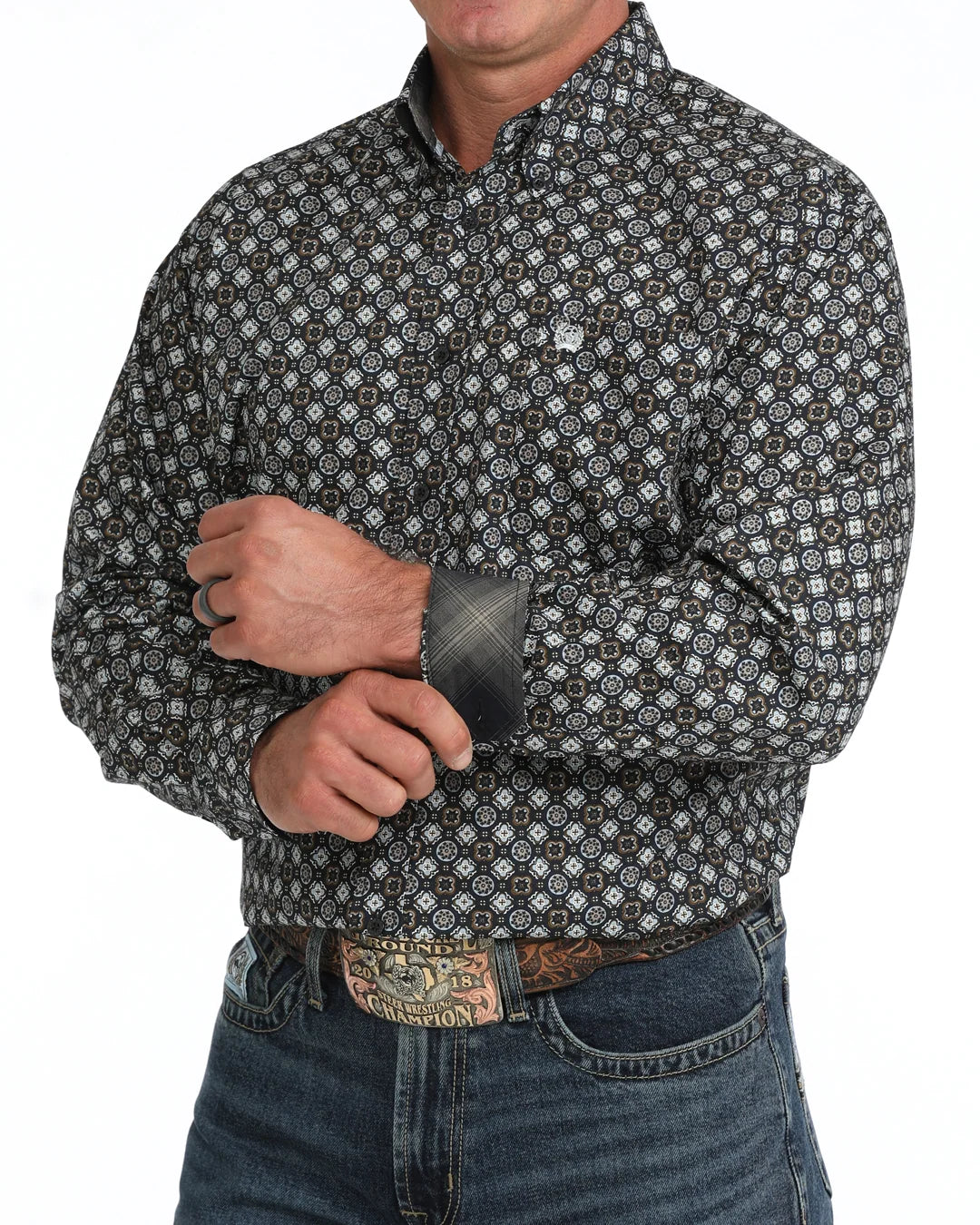Men's Cinch Geometric Print Button-Down Western Shirt-Navy
