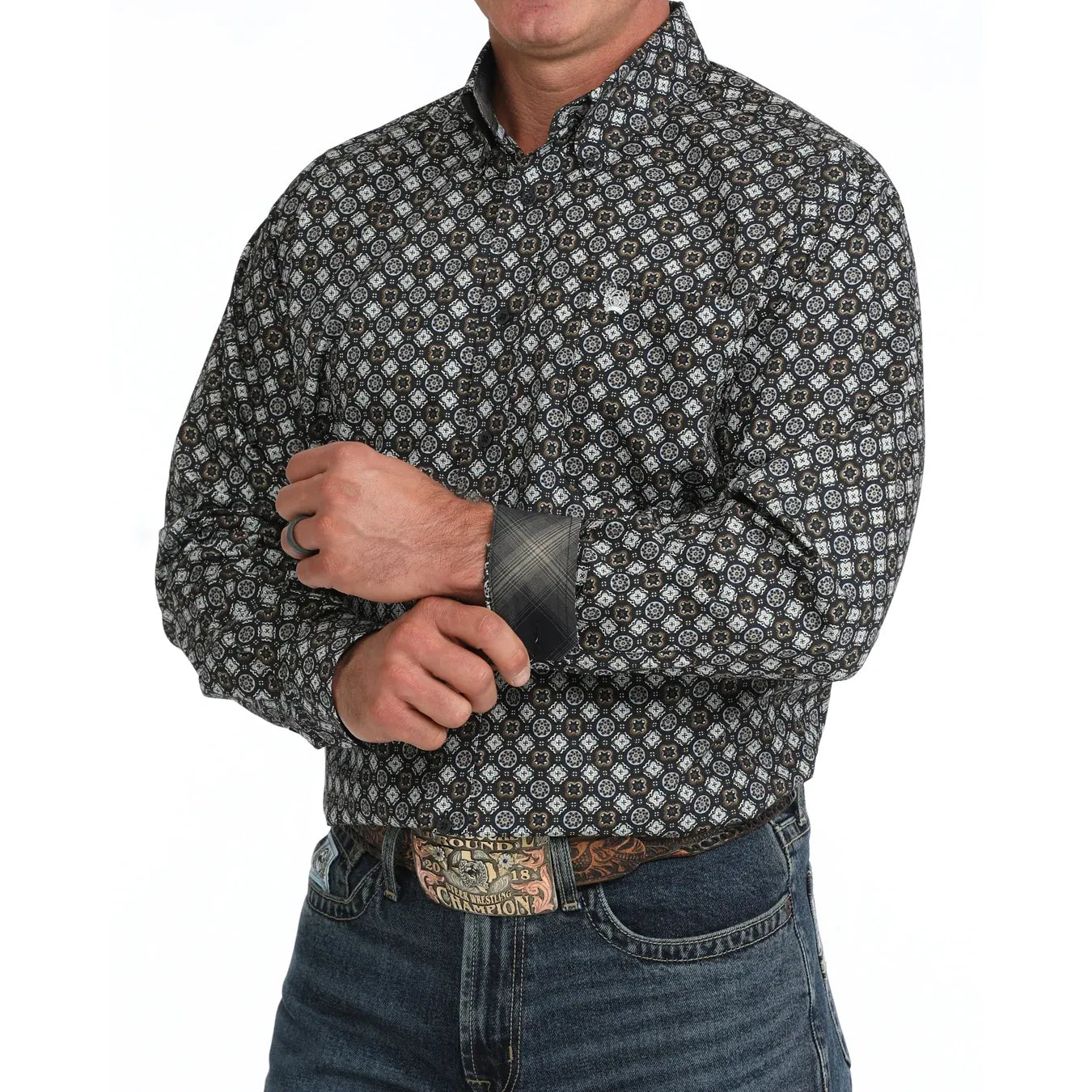 Men's Cinch Geometric Print Button-Down Western Shirt-Navy