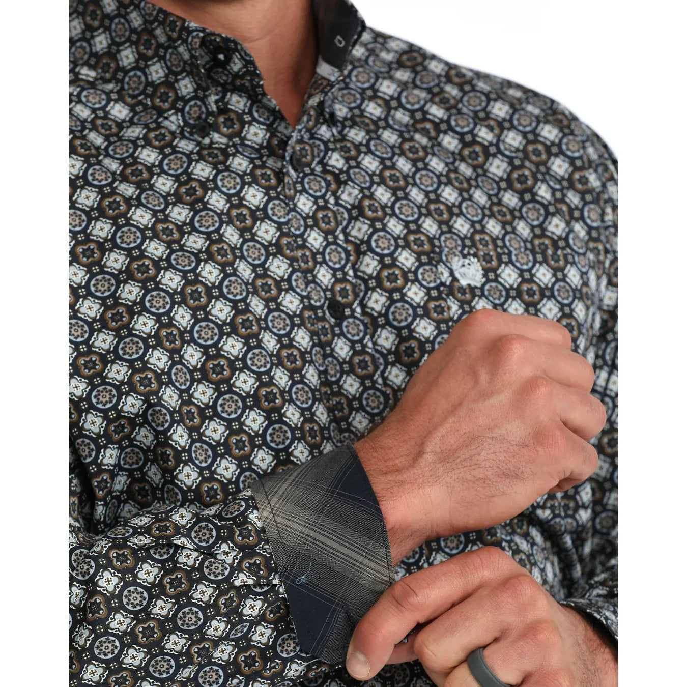 Men's Cinch Geometric Print Button-Down Western Shirt-Navy