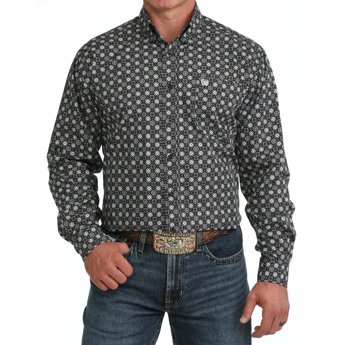 Men's Cinch Geometric Print Button-Down Western Shirt-Navy