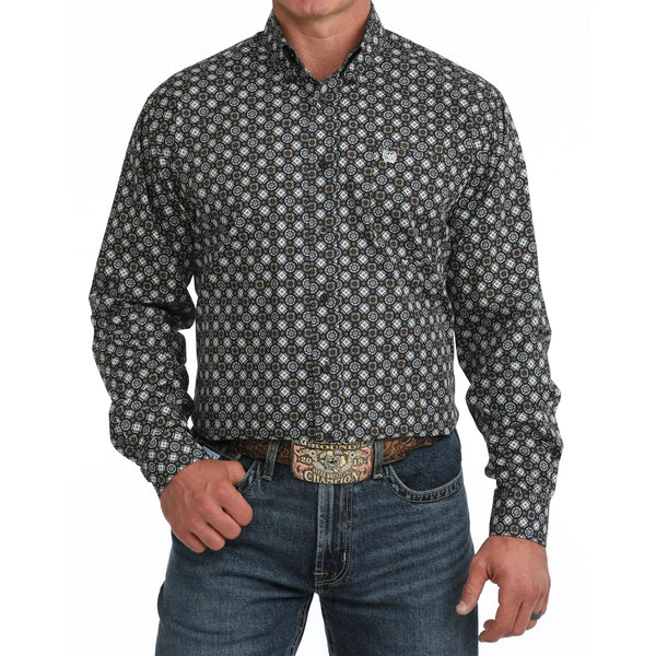 Men's Cinch Geometric Print Button-Down Western Shirt-Navy