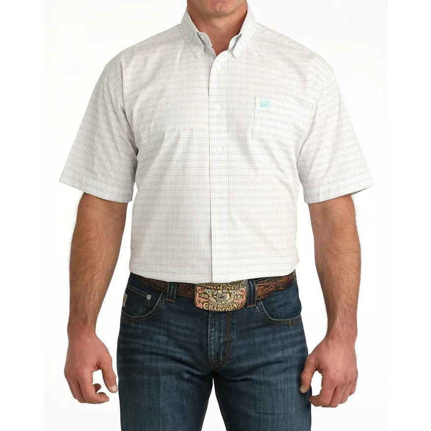 Men's Cinch Plaid Print Short Sleeve Shirt-White - CWesternwear