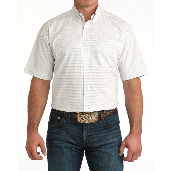 Men's Cinch Plaid Print Short Sleeve Shirt-White