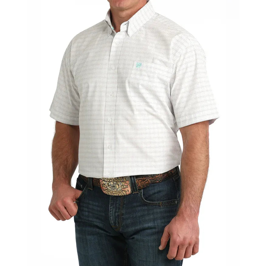 Men's Cinch Plaid Print Short Sleeve Shirt-White - CWesternwear