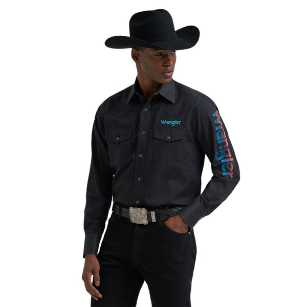 Men's Wrangler Logo Long Sleeve Western Snap Shirt-Black Sunset