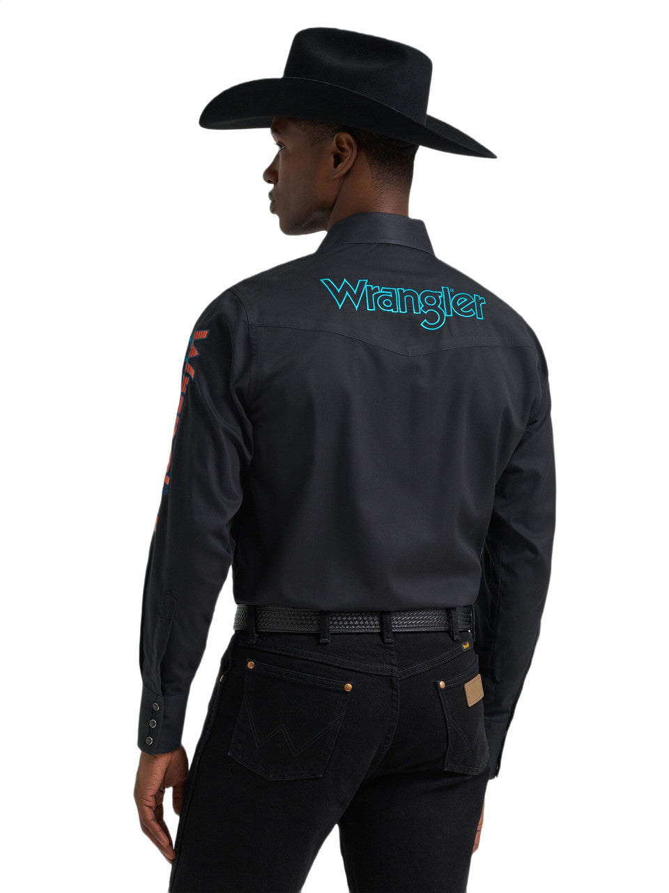 Men's Wrangler Logo Long Sleeve Western Snap Shirt-Black Sunset