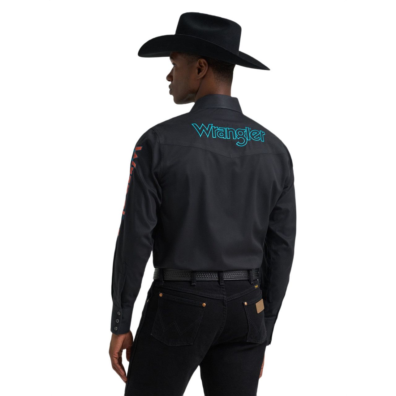 Men's Wrangler Logo Long Sleeve Western Snap Shirt-Black Sunset