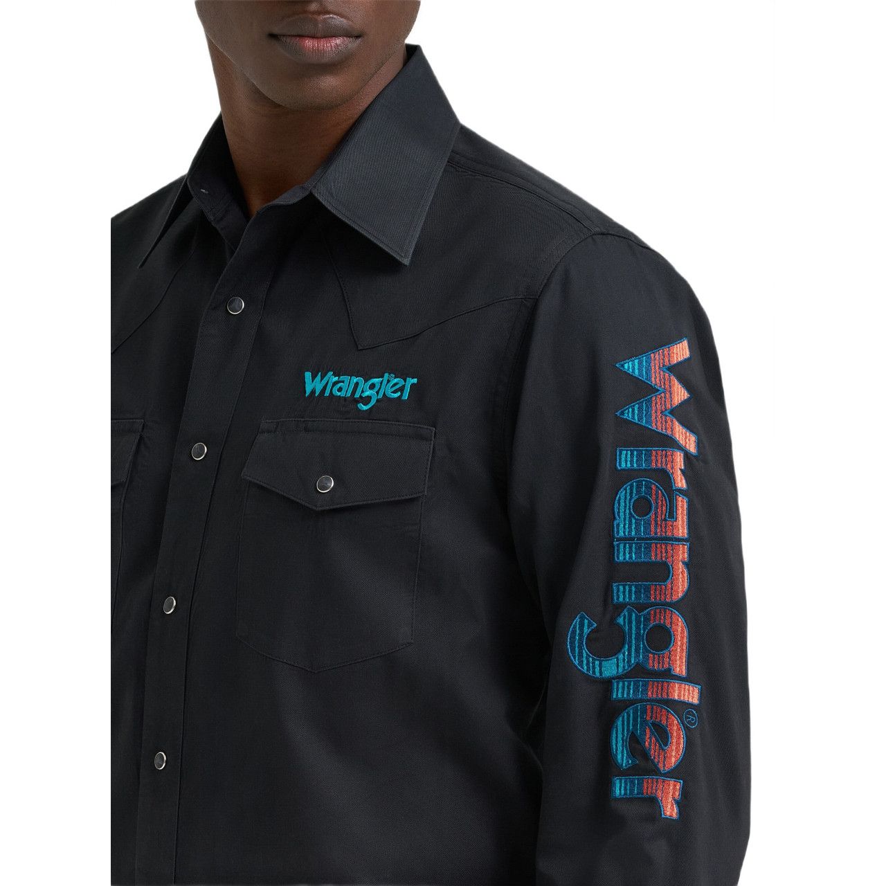 Men's Wrangler Logo Long Sleeve Western Snap Shirt-Black Sunset