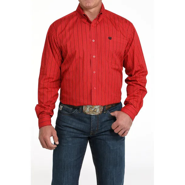 Men's Cinch Stripe Print Button-Down Western Shirt-Red