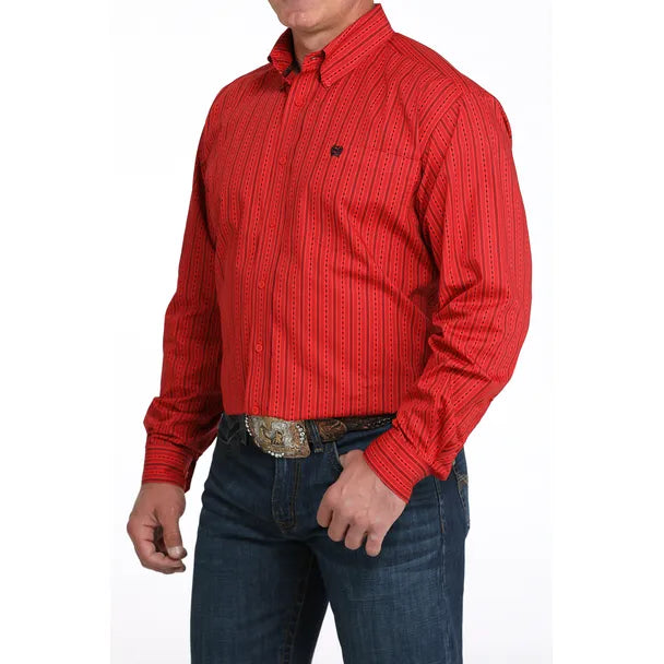 Men's Cinch Stripe Print Button-Down Western Shirt-Red