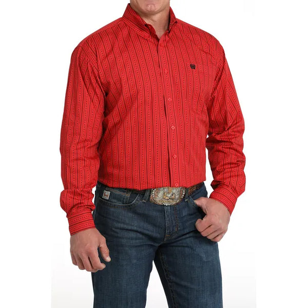 Men's Cinch Stripe Print Button-Down Western Shirt-Red