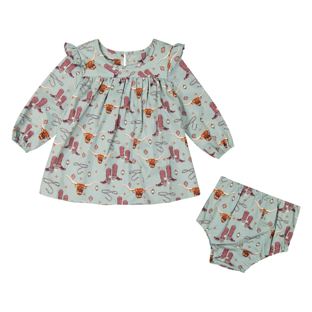 Wrangler Little Girl's Long Sleeve Western Print Trapeze Dress-Blue