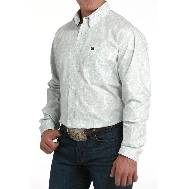 Men's Cinch Paisley Print Button-Down Western Shirt-White