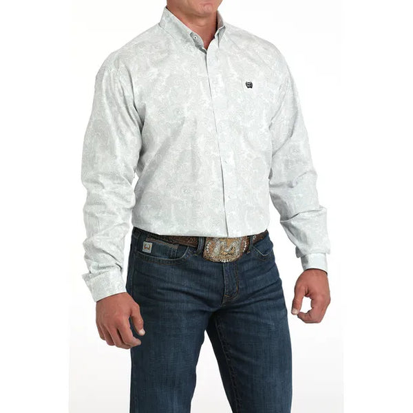 Men's Cinch Paisley Print Button-Down Western Shirt-White