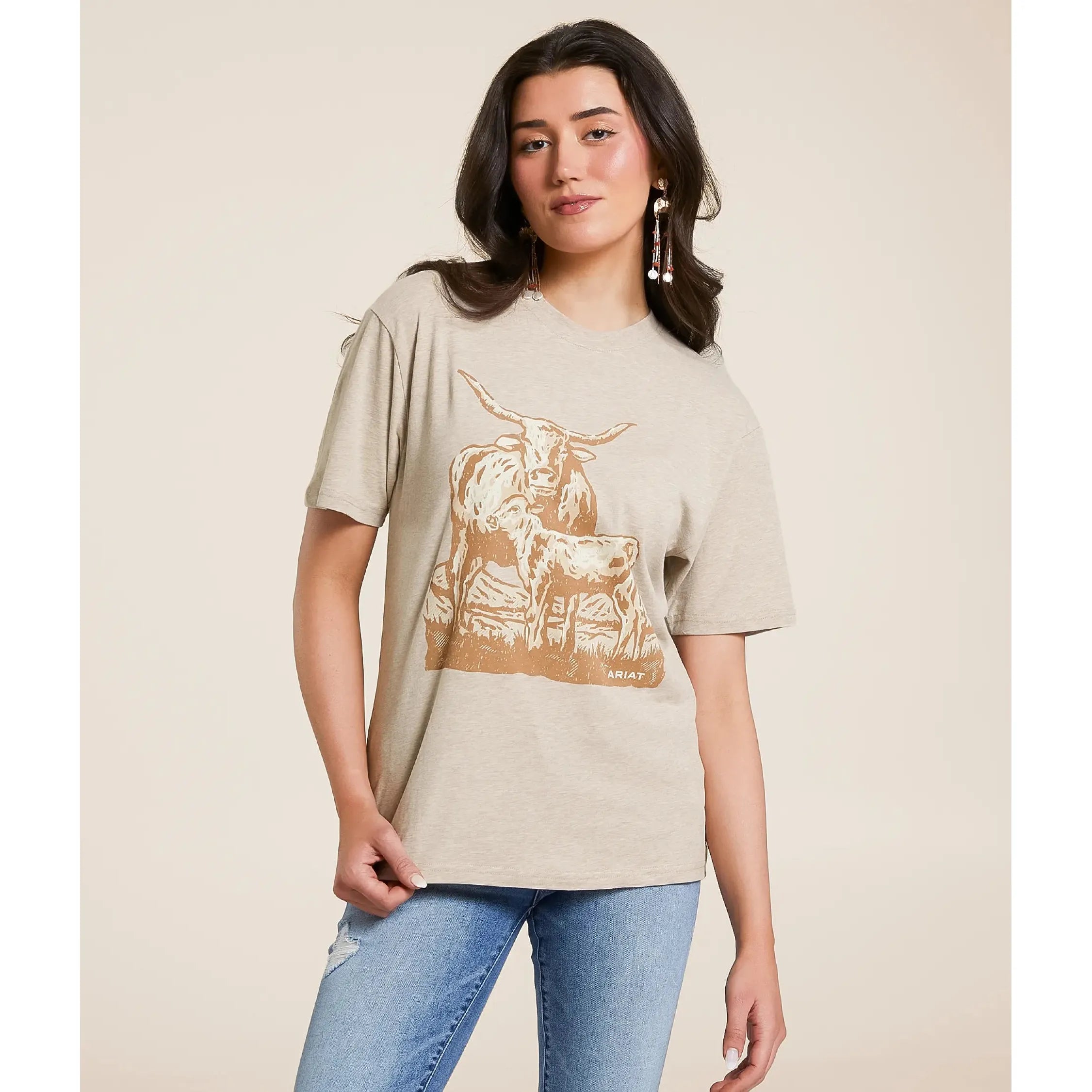 Women's Ariat Longhorn Short Sleeve T-Shirt-Oatmeal Heather
