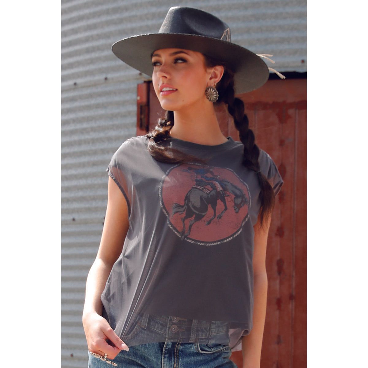 Women's Cruel Denim Bucking Bronc Mesh Top-Charcoal