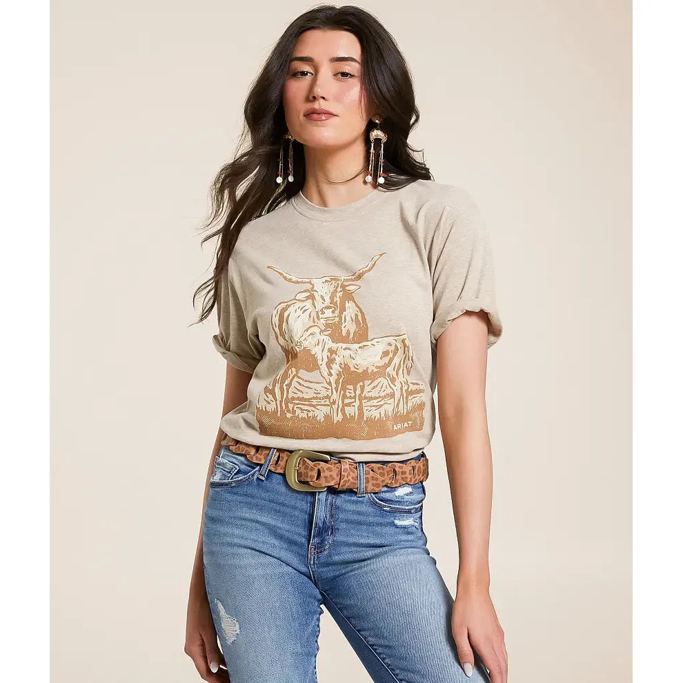 Women's Ariat Longhorn Short Sleeve T-Shirt-Oatmeal Heather