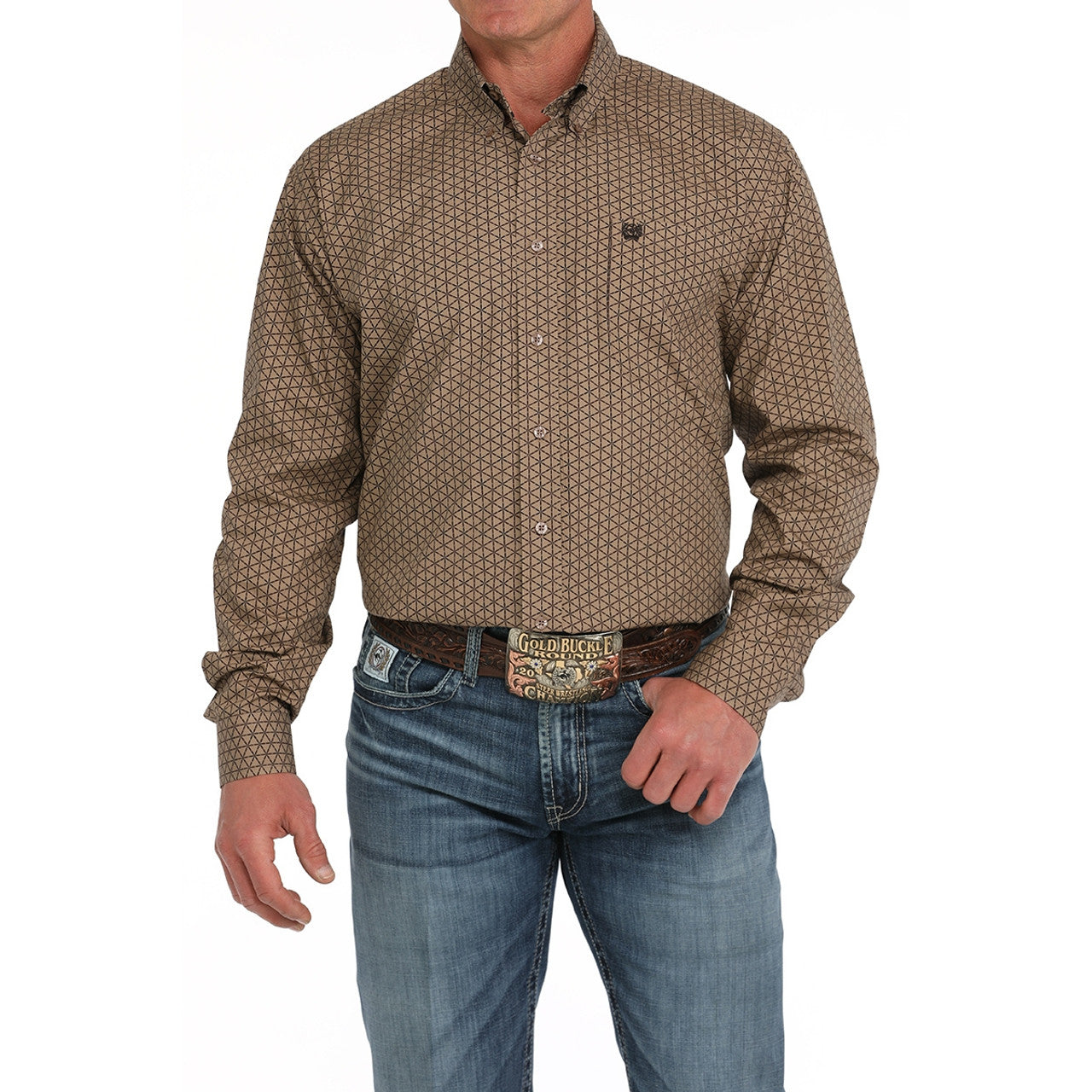 Men's Cinch Diamond Print Button-Down Western Shirt-Brown