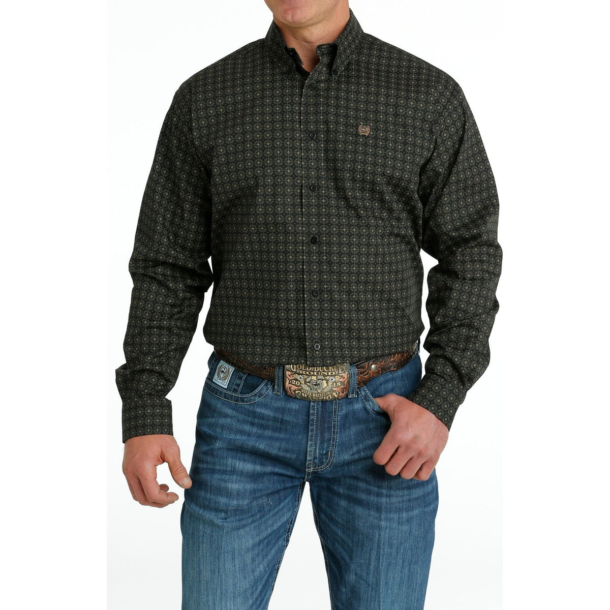 CINCH BLACK, PURPLE AND OLIVE MEDALLION PRINT BUTTON-DOWN SHIRT