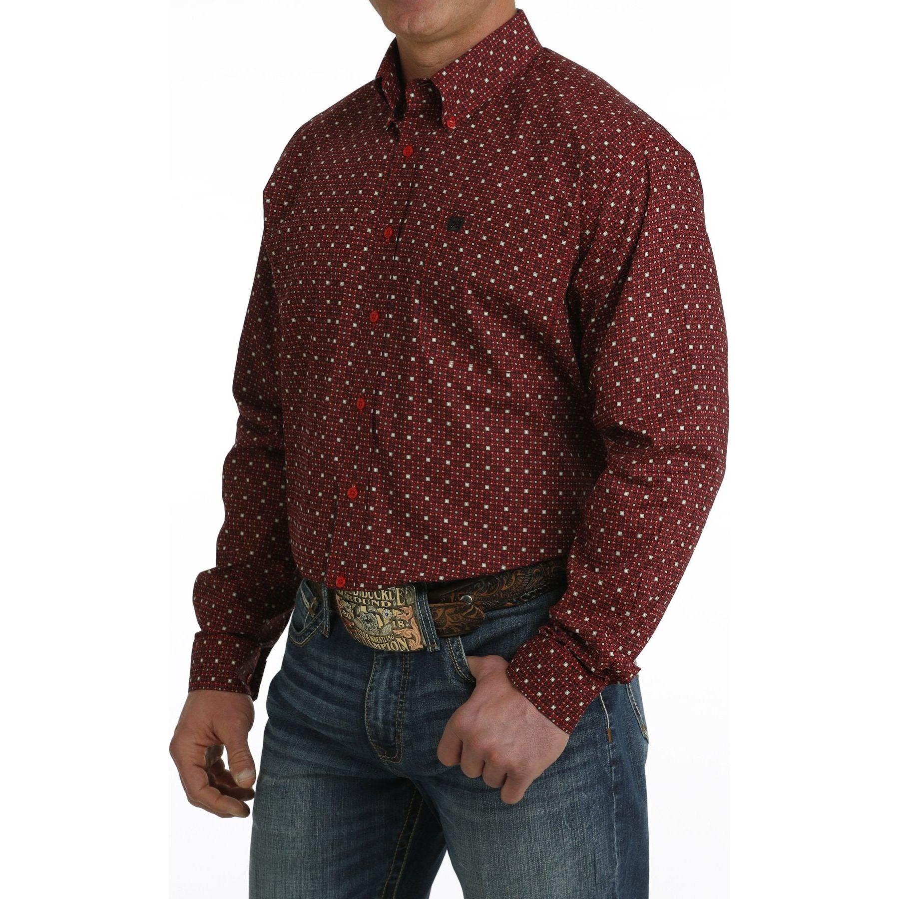 Men's Cinch Geometric Print Long Sleeve Shirt - Red/Black