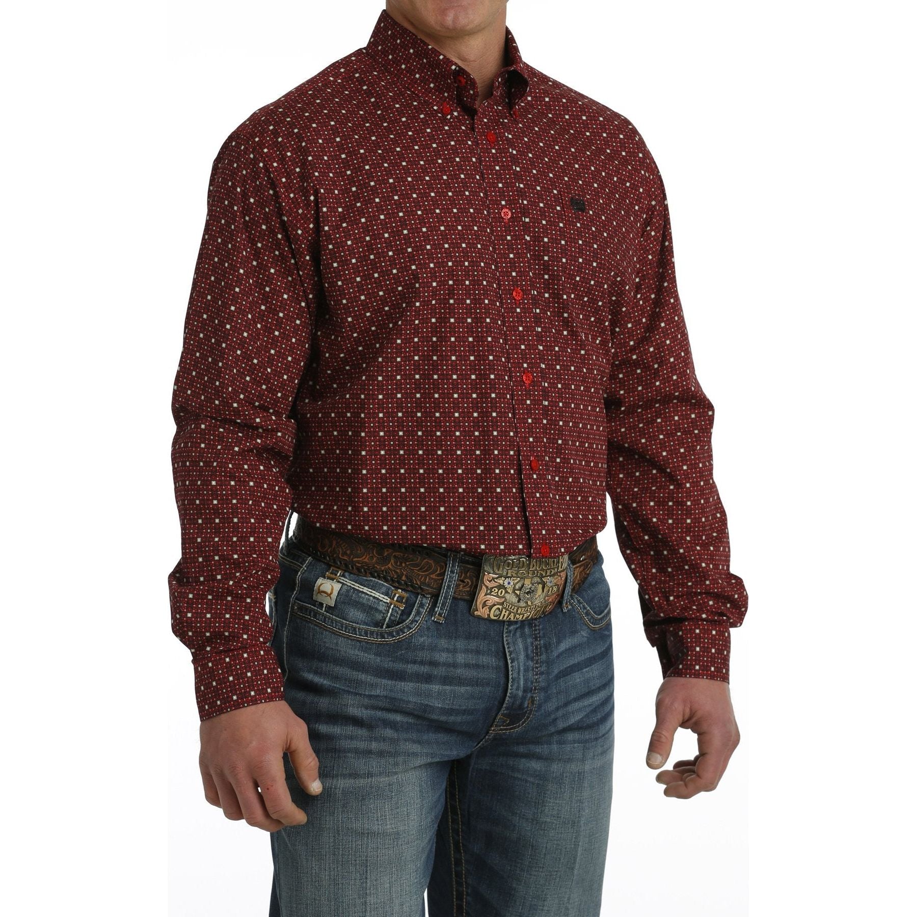 Men's Cinch Geometric Print Long Sleeve Shirt - Red/Black