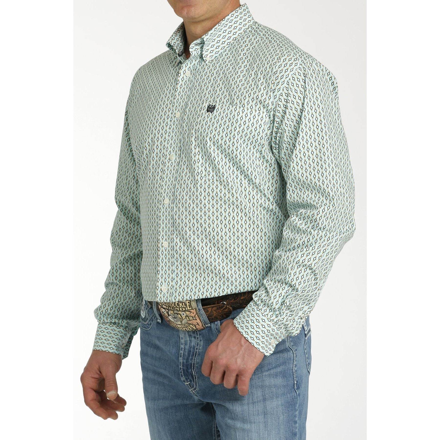 CINCH MEN'S GEOMETRIC PRINT BUTTON-DOWN WESTERN SHIRT - CREAM / TURQUOISE