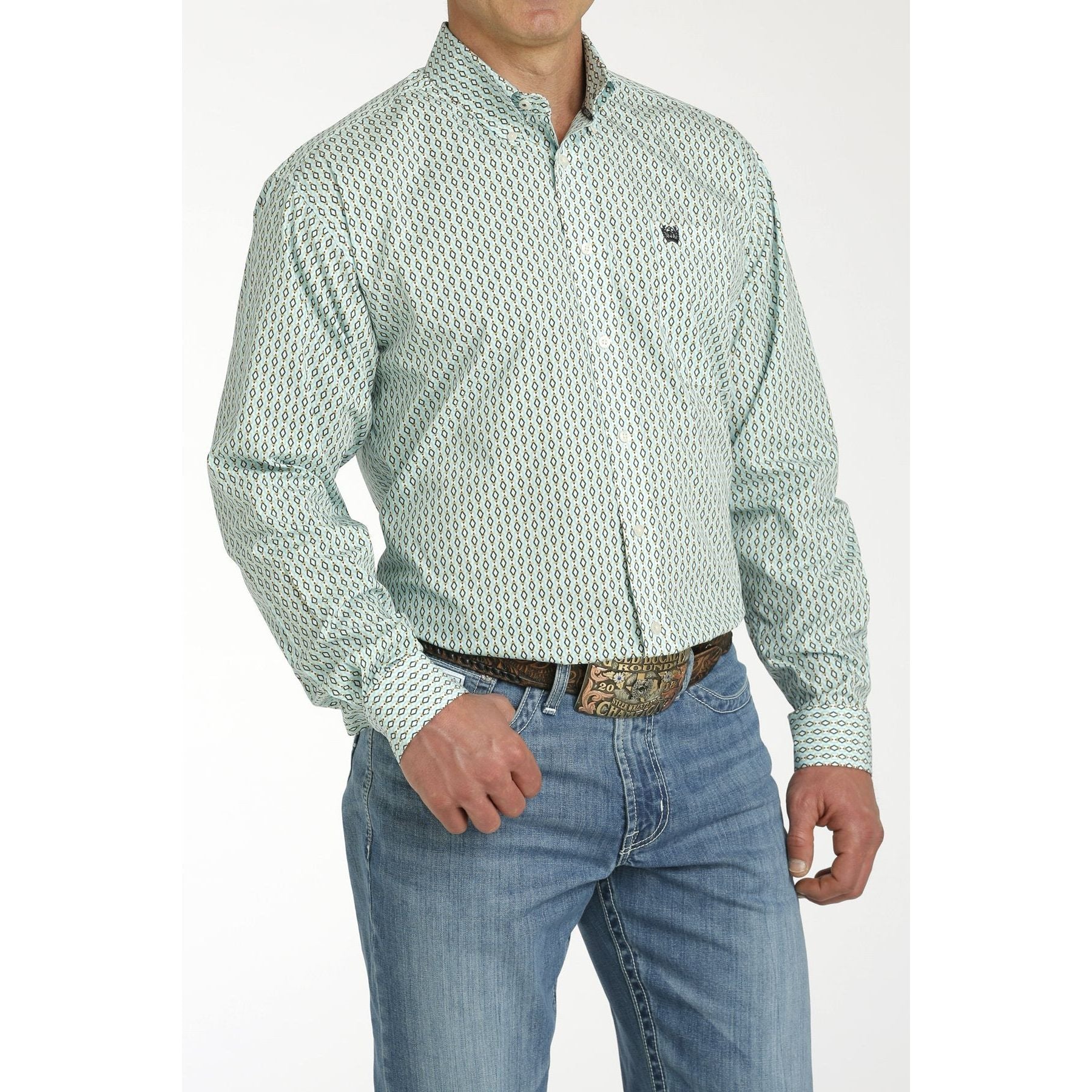 CINCH MEN'S GEOMETRIC PRINT BUTTON-DOWN WESTERN SHIRT - CREAM / TURQUOISE