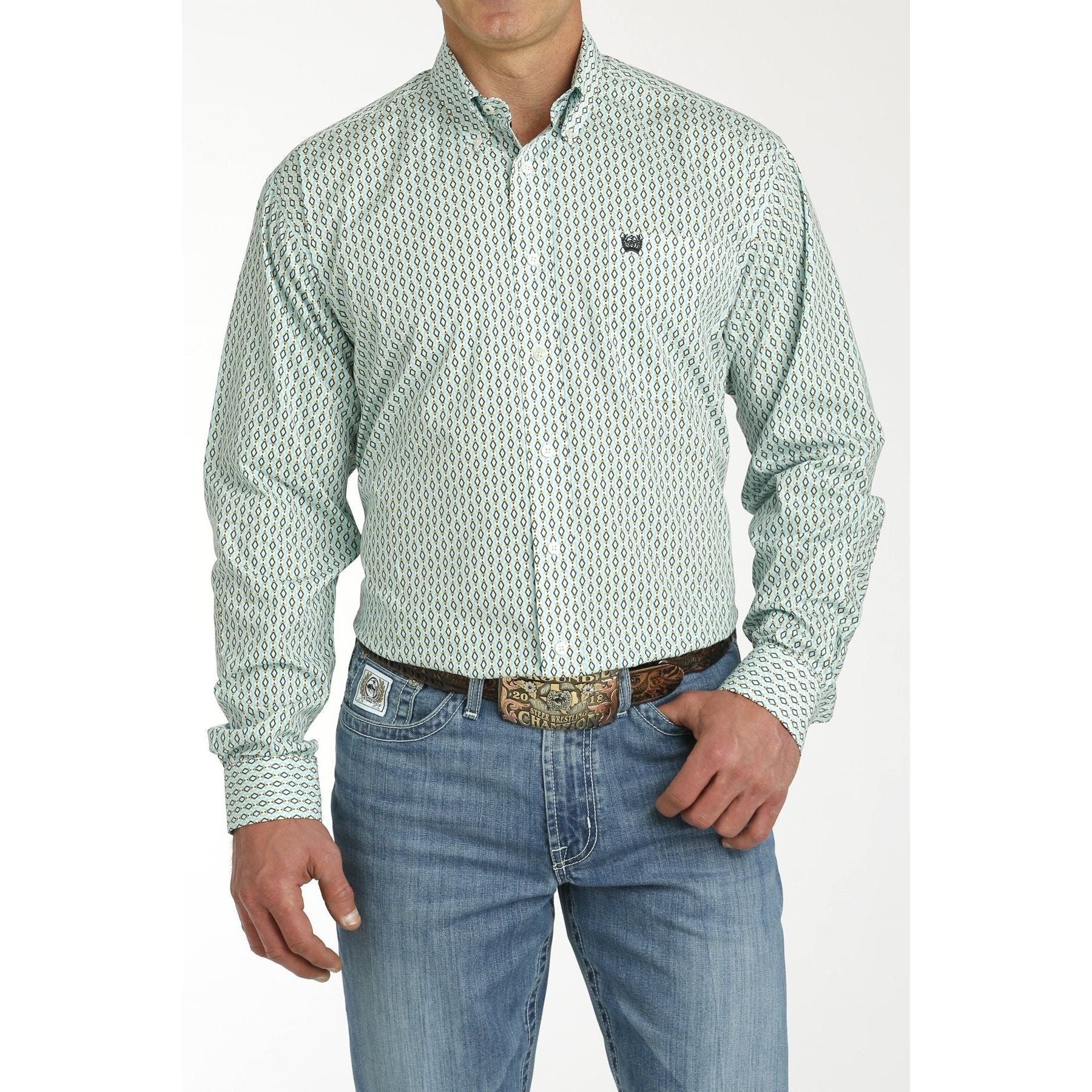 CINCH MEN'S GEOMETRIC PRINT BUTTON-DOWN WESTERN SHIRT - CREAM / TURQUOISE
