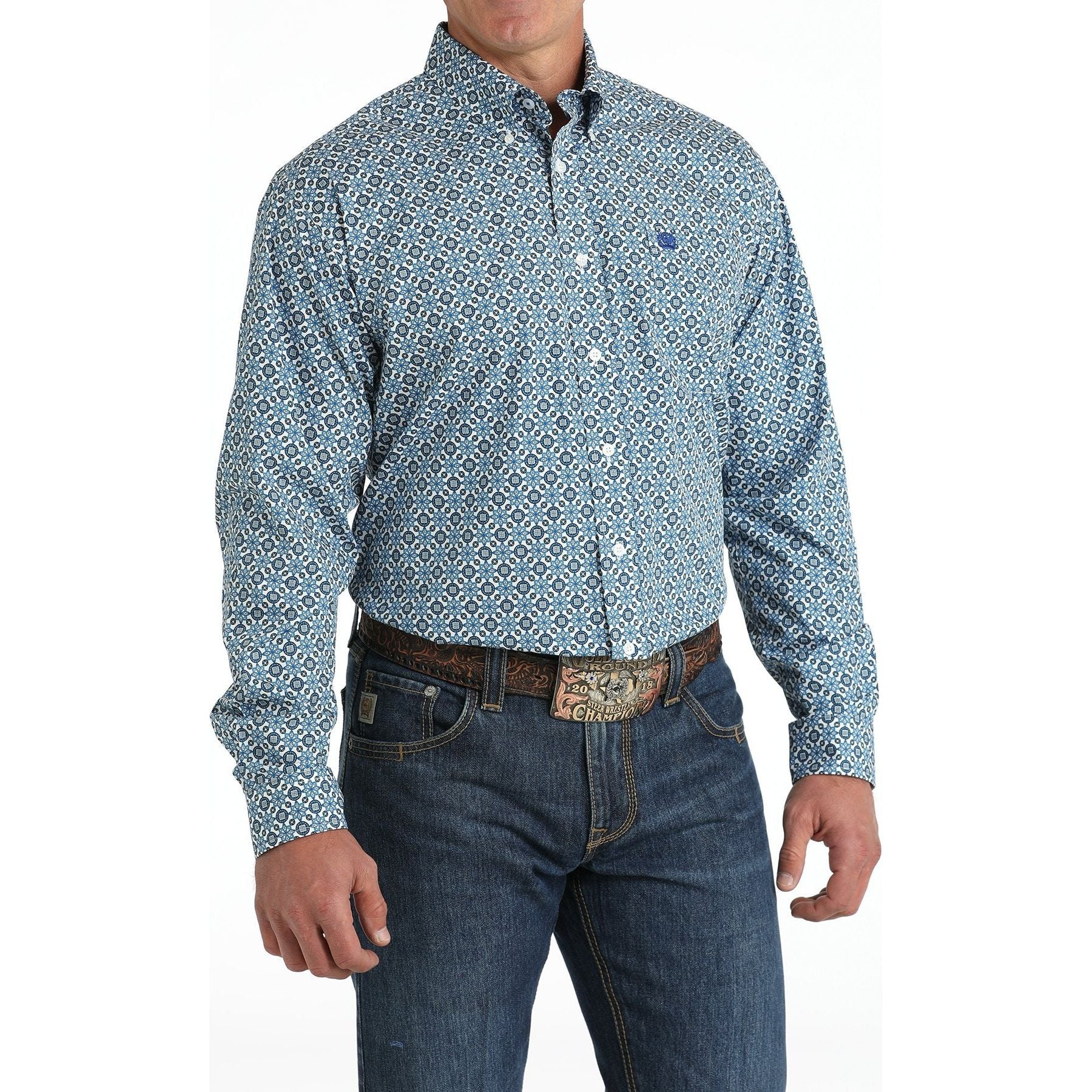 Men's Cinch Geometric Print Button-Down Western Shirt - Blue/White