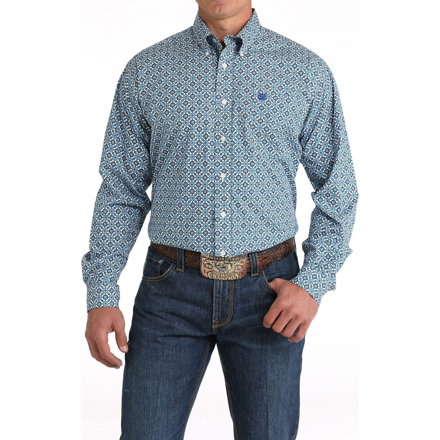 Men's Cinch Geometric Print Button-Down Western Shirt - Blue/White