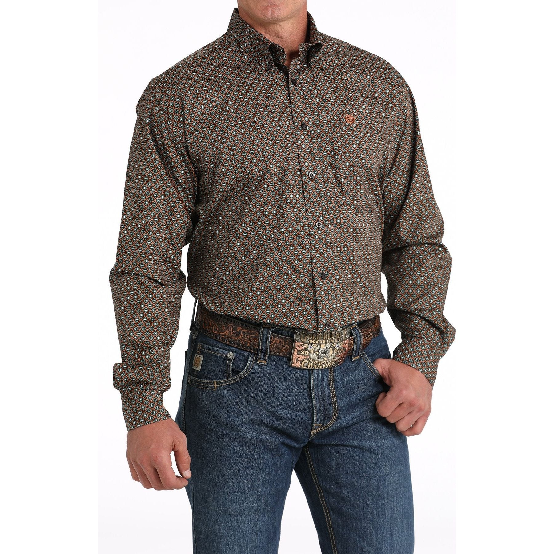 Cinch Men's Geometric Print Button-Down Western Shirt - Brown