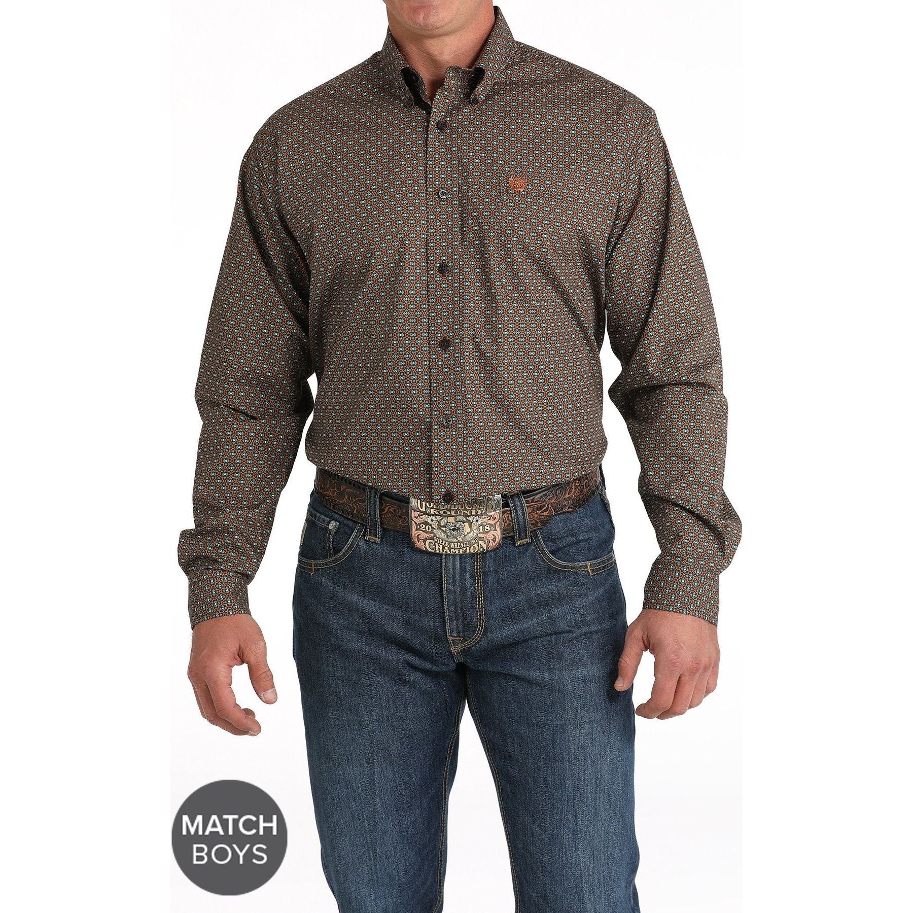 Cinch Men's Geometric Print Button-Down Western Shirt - Brown