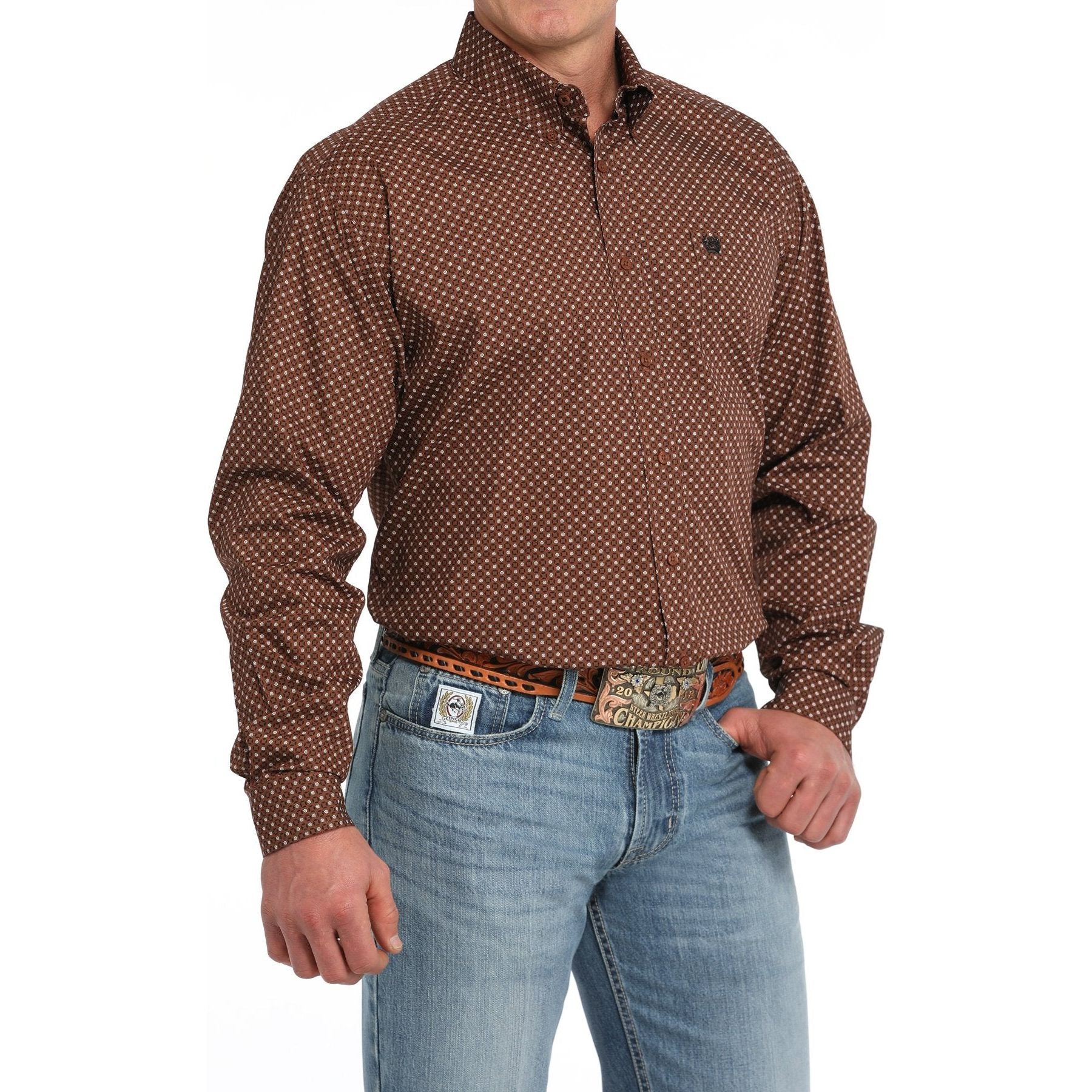 Cinch Men's Geometric Print Button-Down Western Shirt - Brown