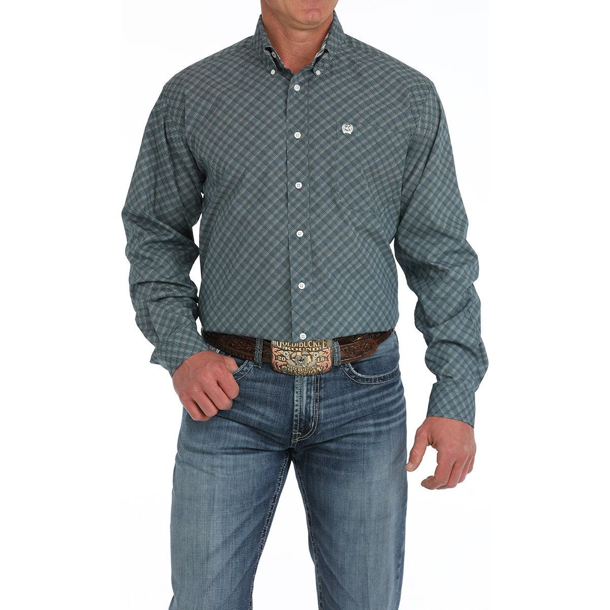 Men's Cinch Geometric Print Button-Down Western Shirt-Blue