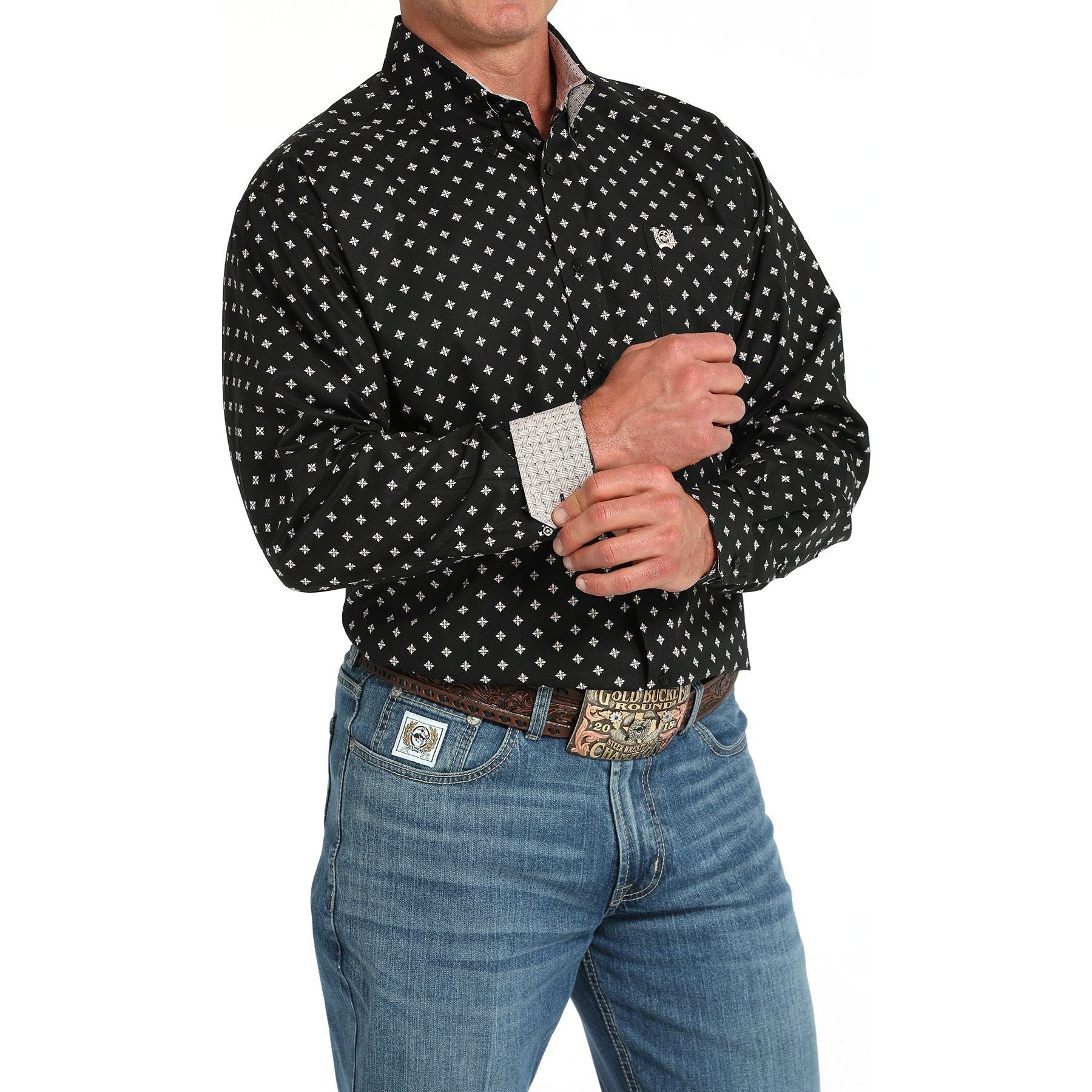 Men's Cinch Geometric Print Button-Down Western Shirt-Black