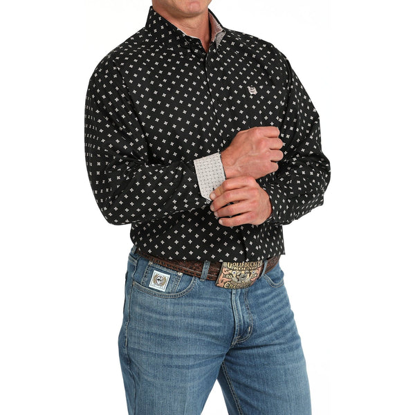 Men's Cinch Geometric Print Button-Down Western Shirt-Black