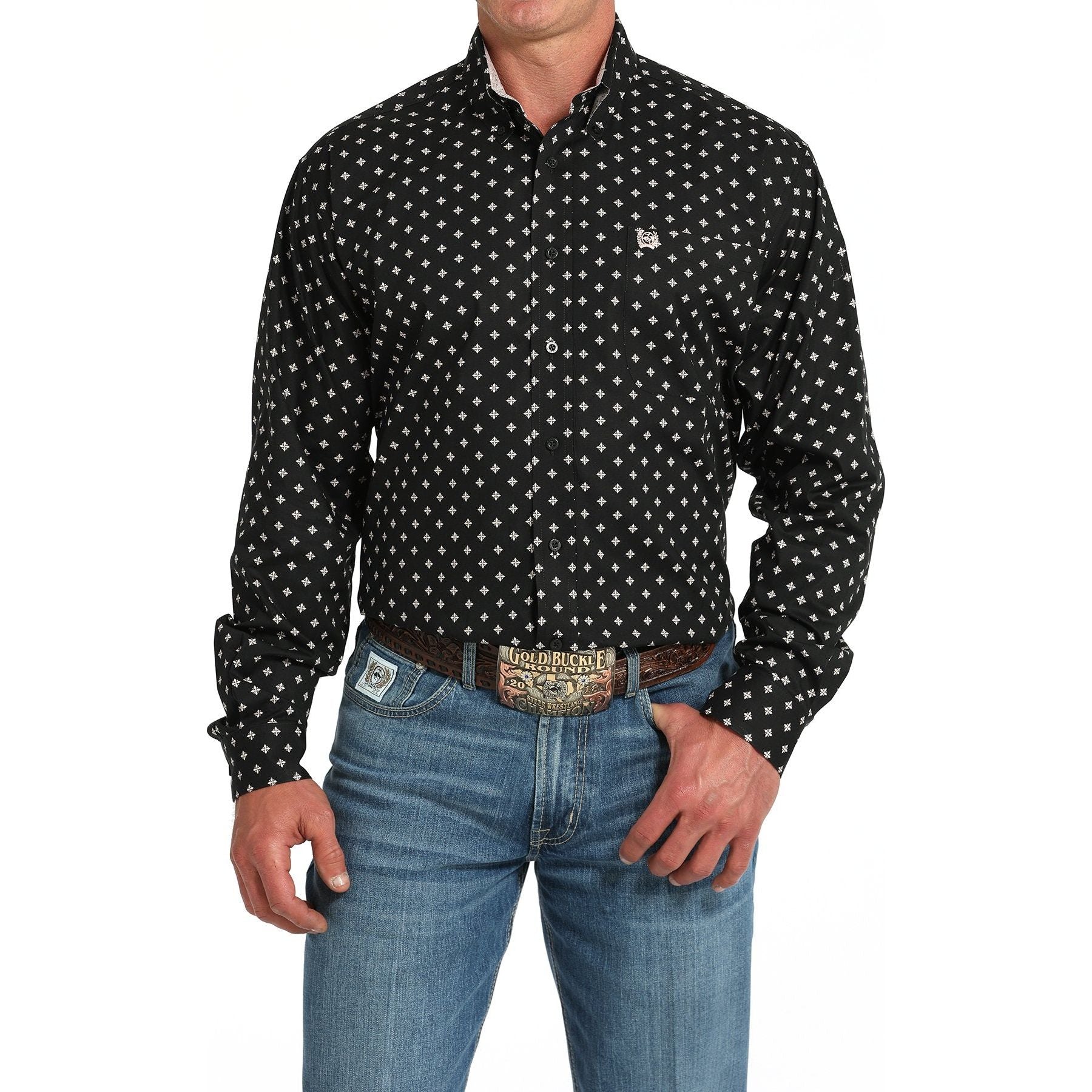 Men's Cinch Geometric Print Button-Down Western Shirt-Black