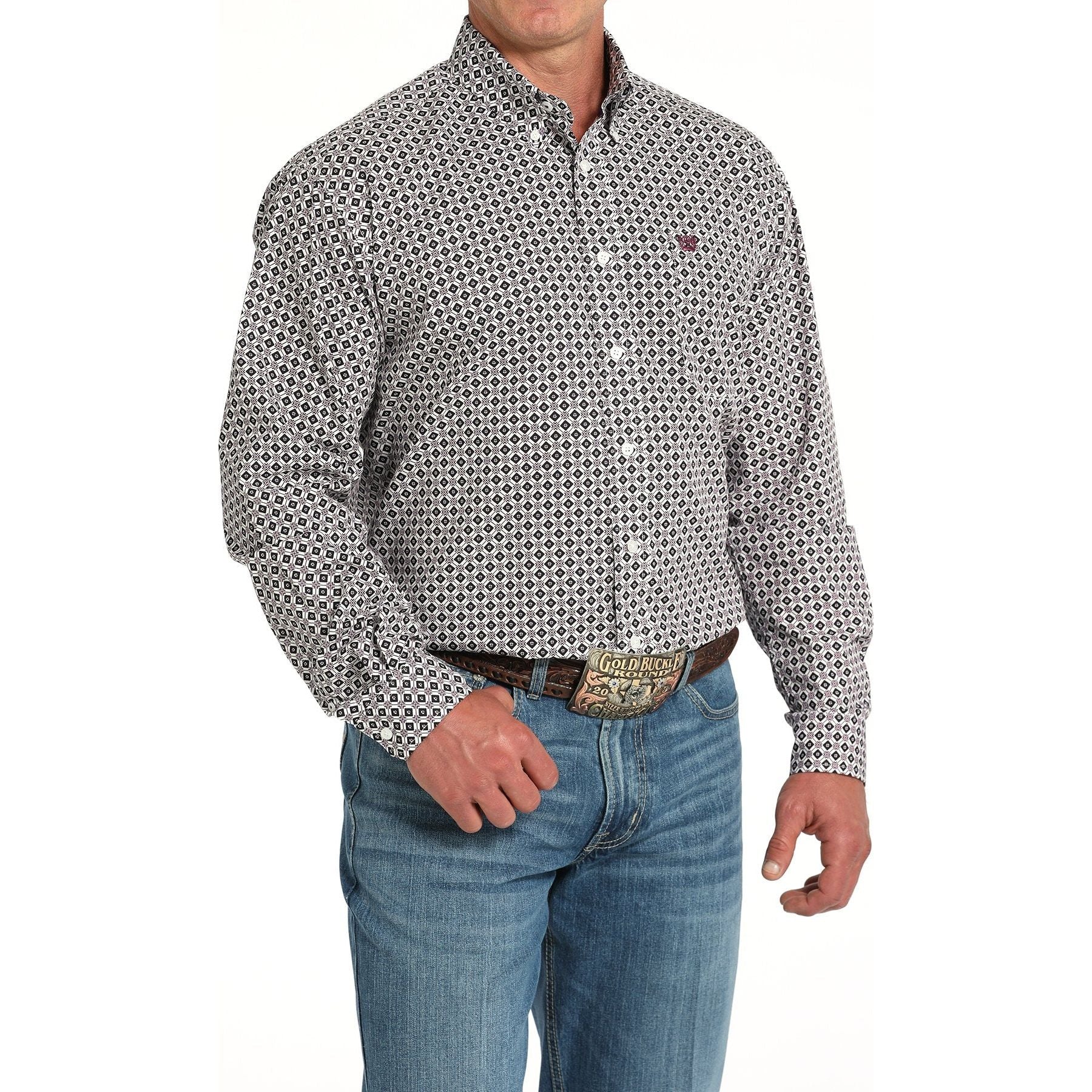 Men's Cinch Diamond Print Button-Down Western Shirt-White