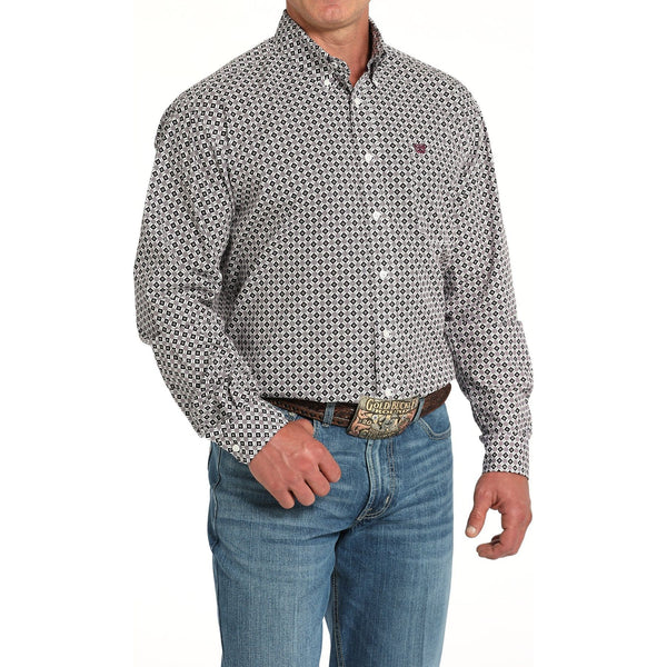 Men's Cinch Diamond Print Button-Down Western Shirt-White