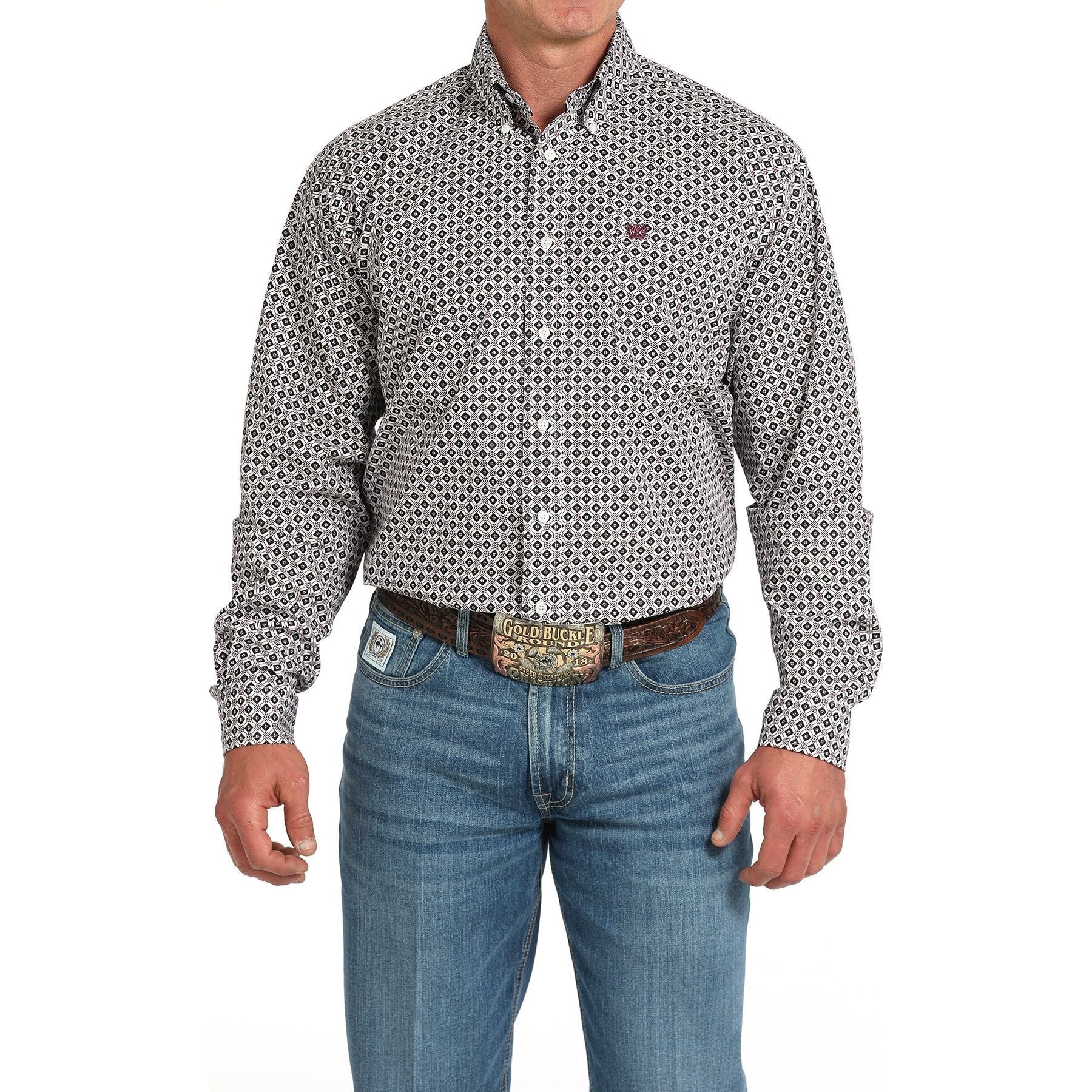 Men's Cinch Diamond Print Button-Down Western Shirt-White