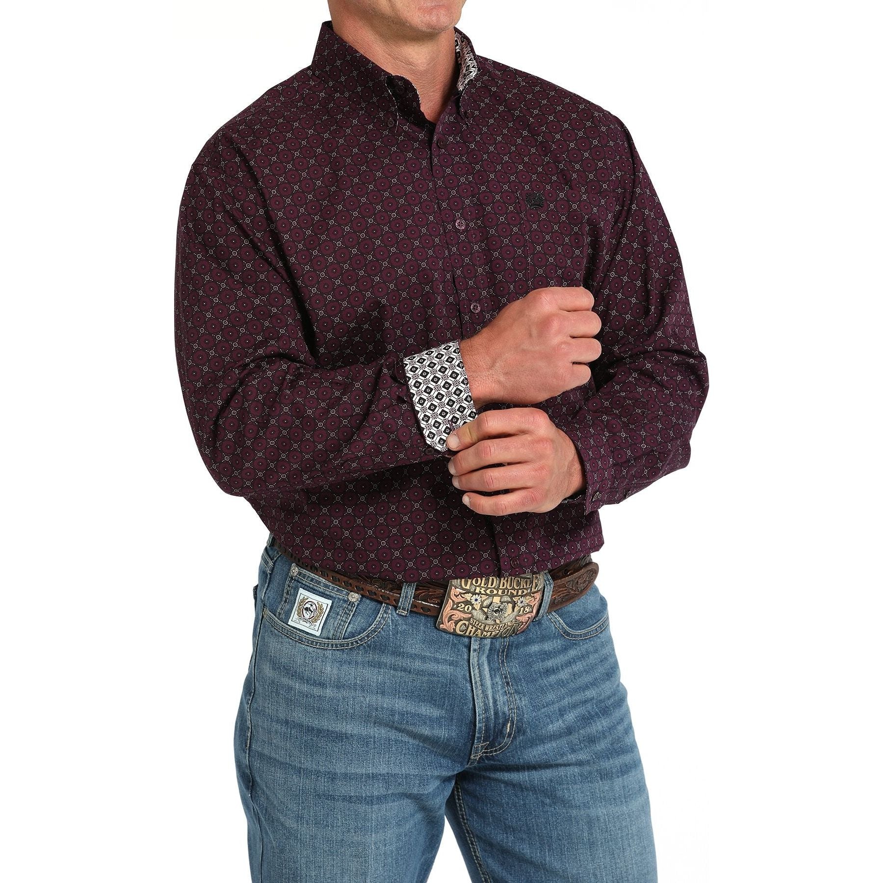 Men's Cinch Geometric Print Button-Down Western Shirt-Purple