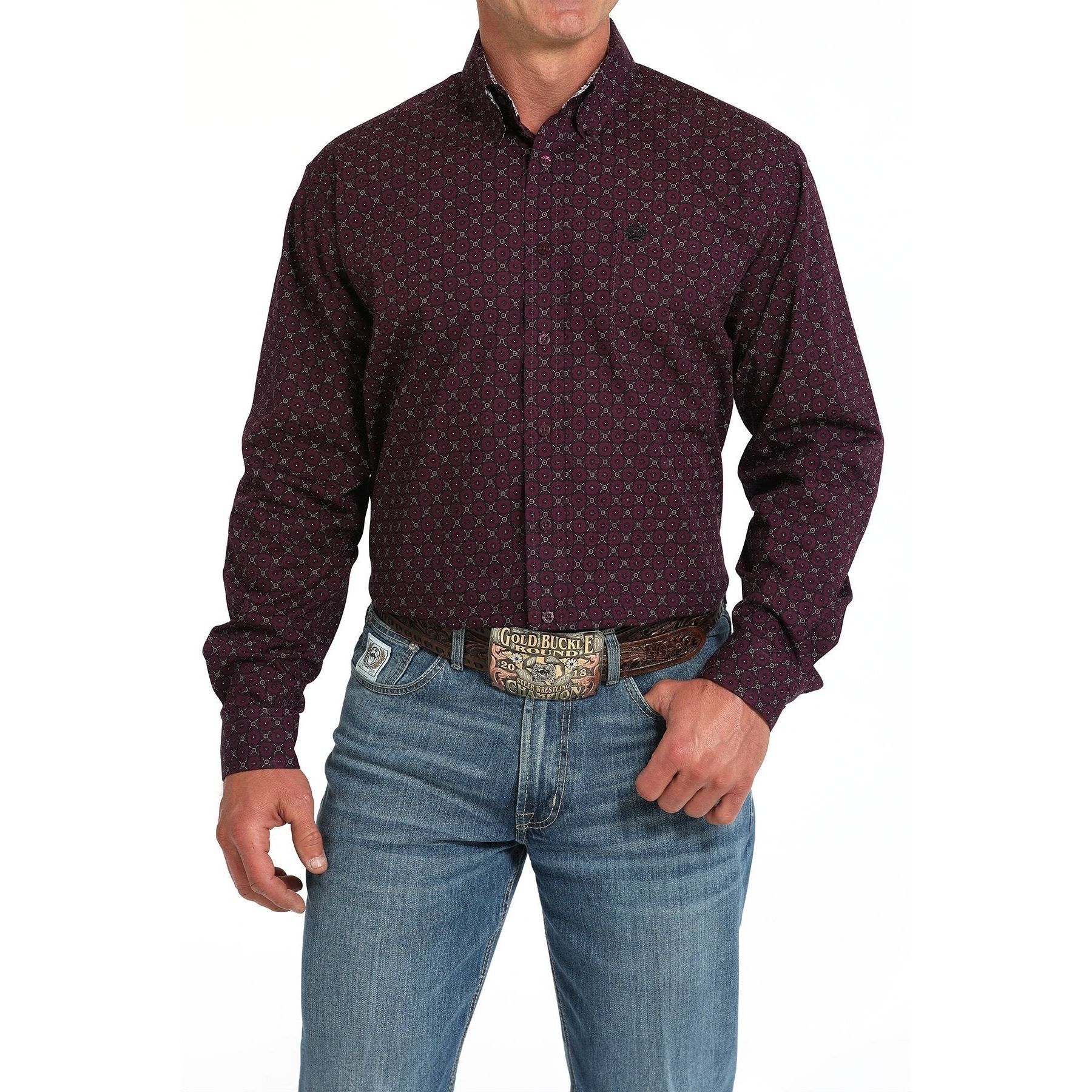 Men's Cinch Geometric Print Button-Down Western Shirt-Purple