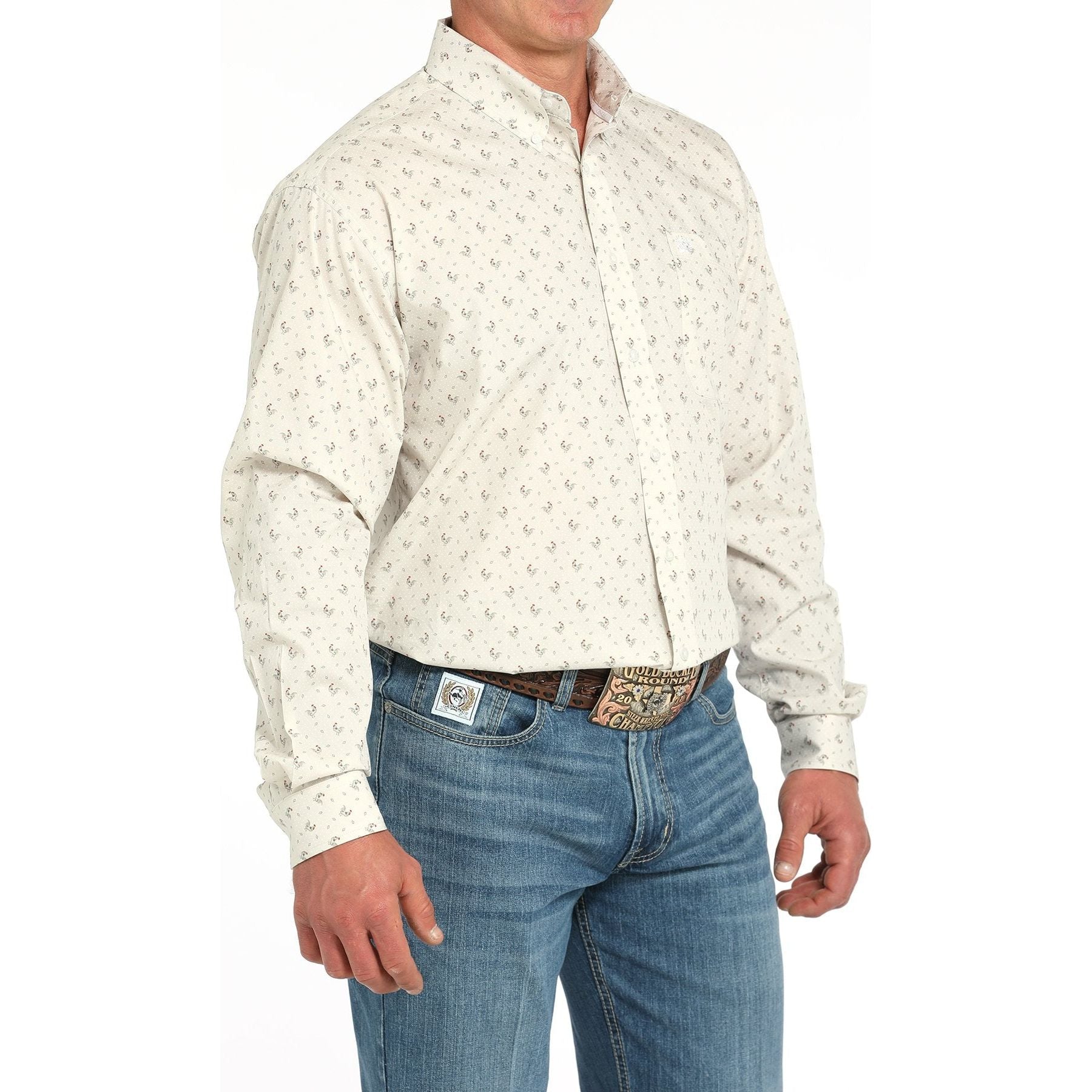 Men's Cinch Rooster Print Button-Down Western Shirt-Gray