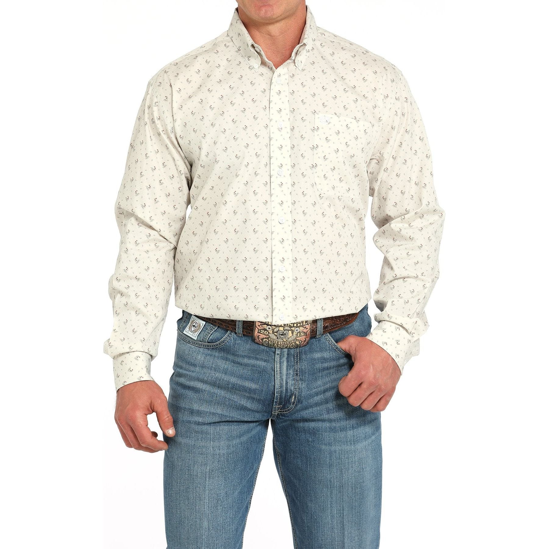 Men's Cinch Rooster Print Button-Down Western Shirt-Gray
