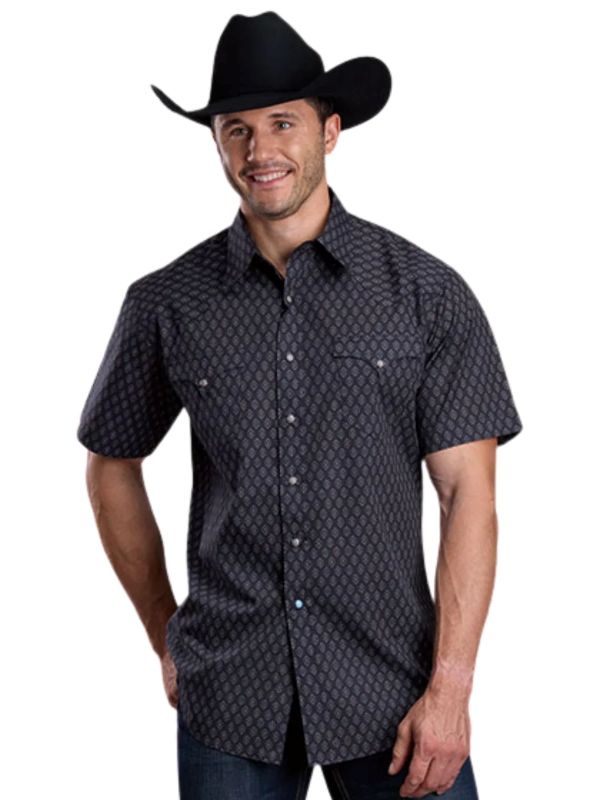 Men's Roper Short Sleeve Snap Shirt-Black Aztec Print